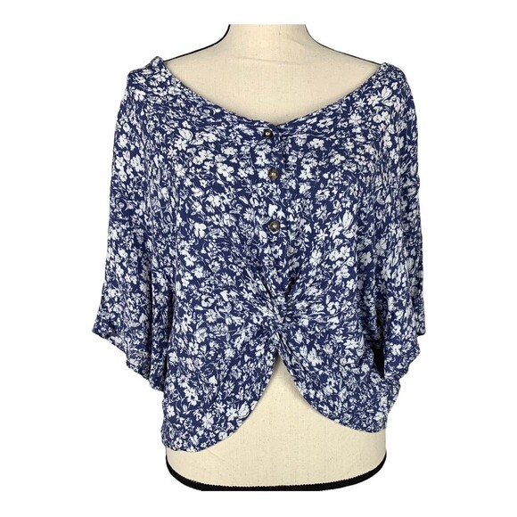 Gypsies & Moondust Crop Top Blouse Women XL Button and Tie Blue & White Floral - Picture 1 of 10